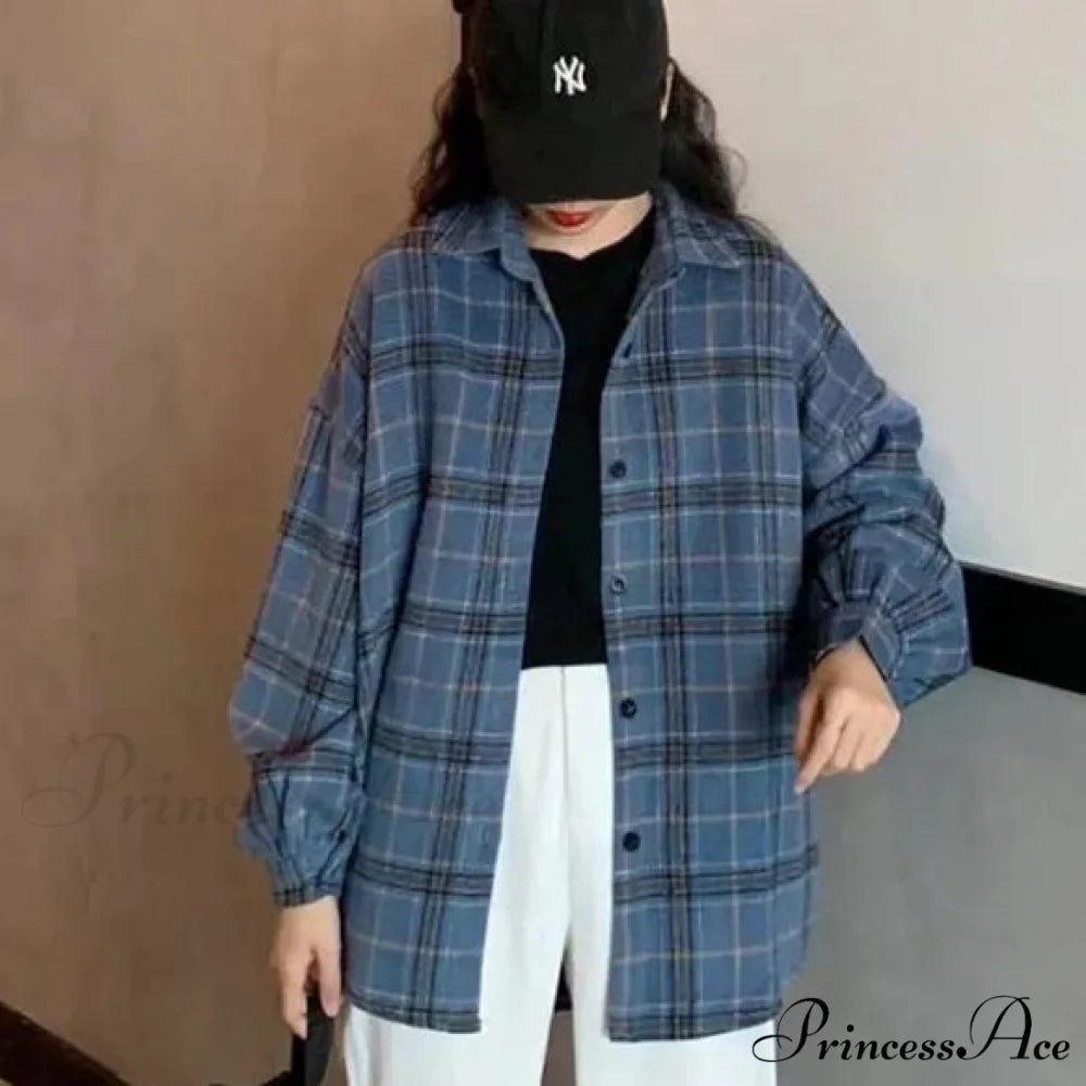 Woolen Blouse Women’s Ropa Arm Top Plaid Blouse Coat Long De Thickened Mujer S / 02-blue