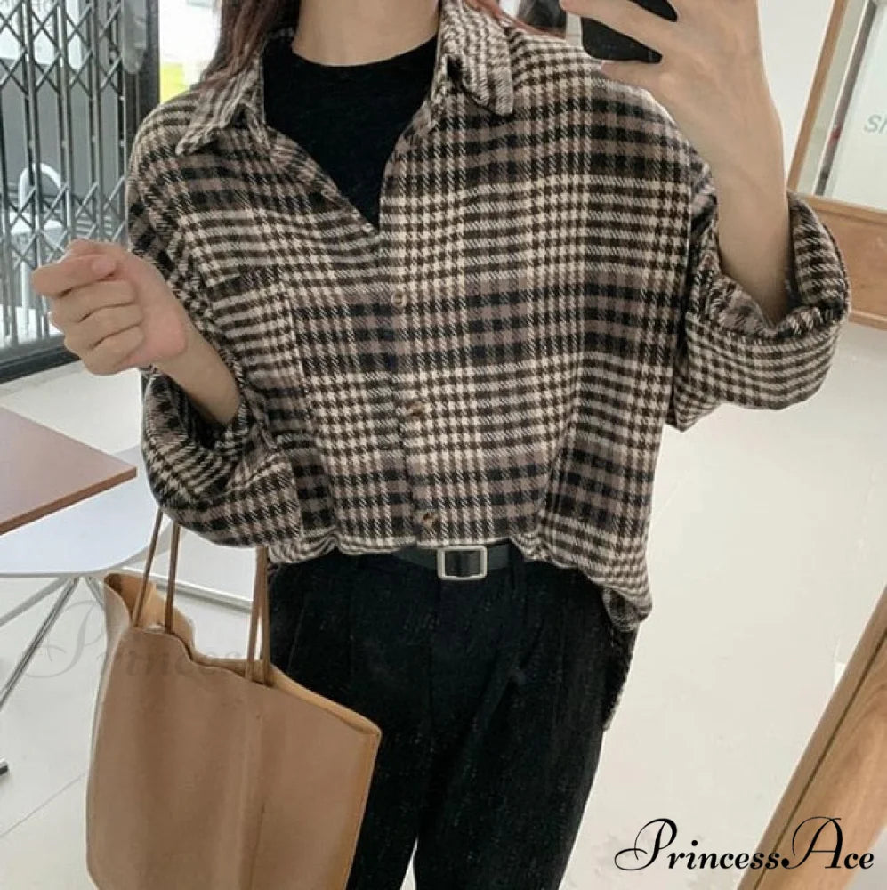 Woolen Blouse Women’s Ropa Arm Top Plaid Blouse Coat Long De Thickened Mujer S / 09-black
