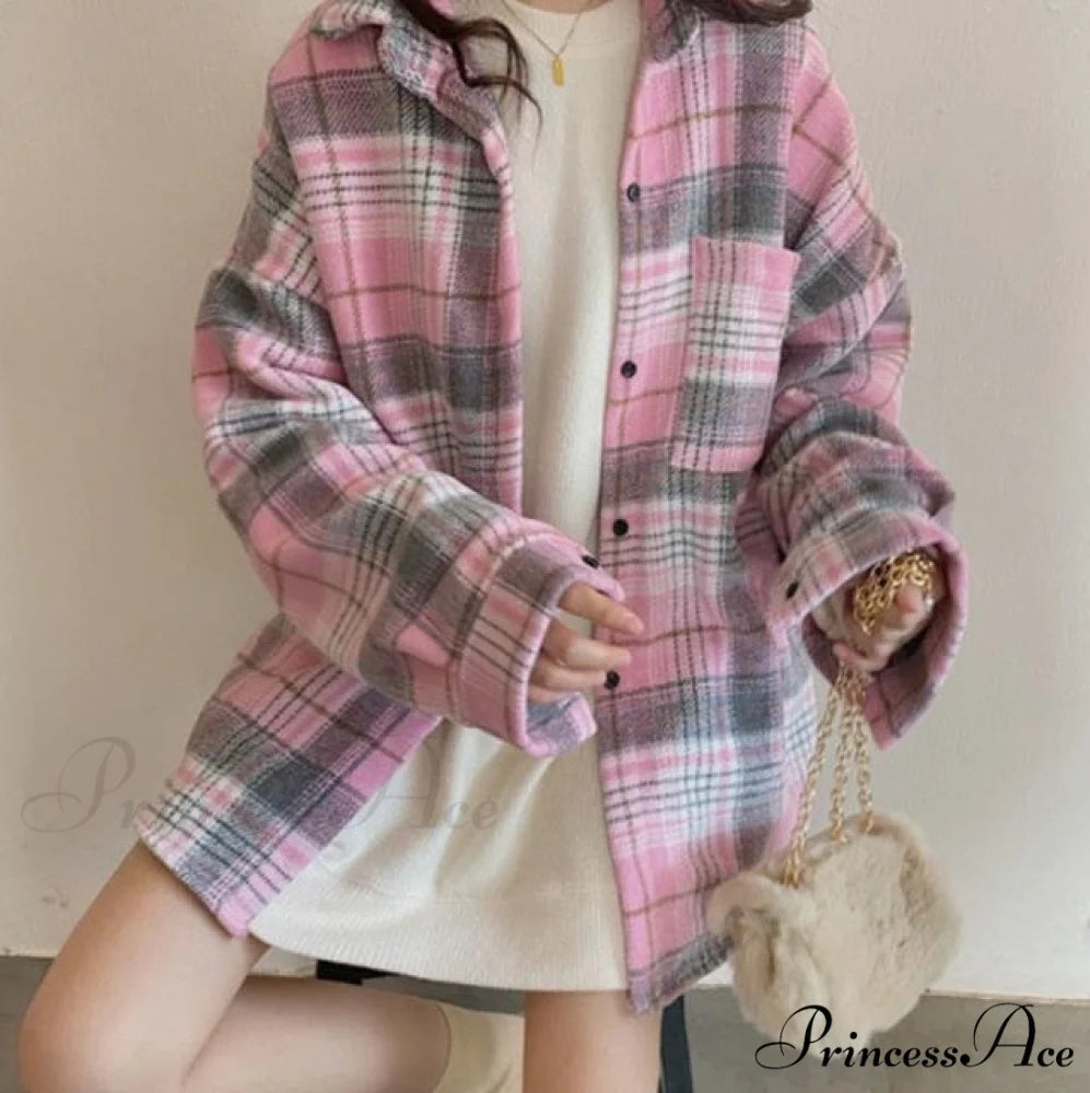 Woolen Blouse Women’s Ropa Arm Top Plaid Blouse Coat Long De Thickened Mujer S / 09-pink