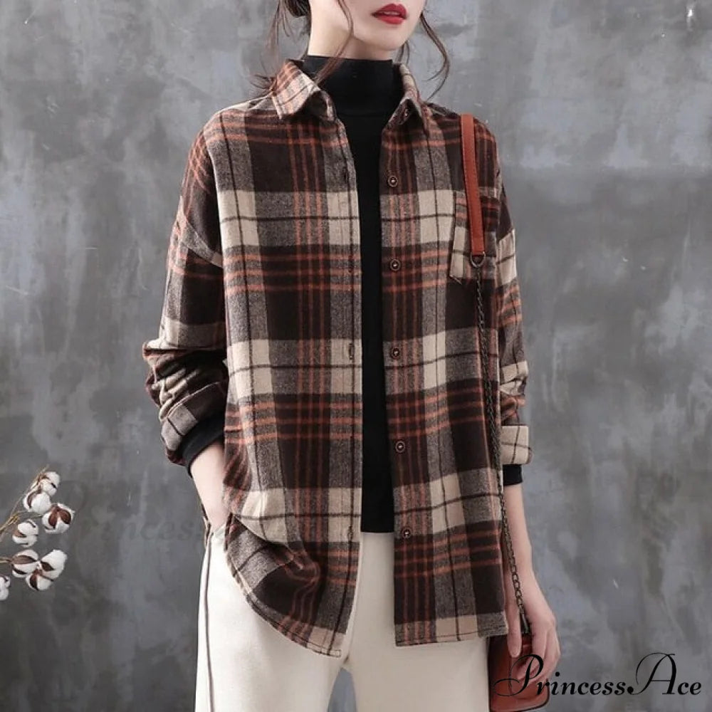 Woolen Blouse Women’s Ropa Arm Top Plaid Blouse Coat Long De Thickened Mujer S / 7