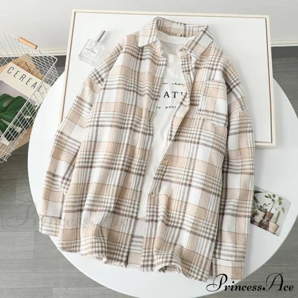 Woolen Blouse Women’s Ropa Arm Top Plaid Blouse Coat Long De Thickened Mujer S / Beige