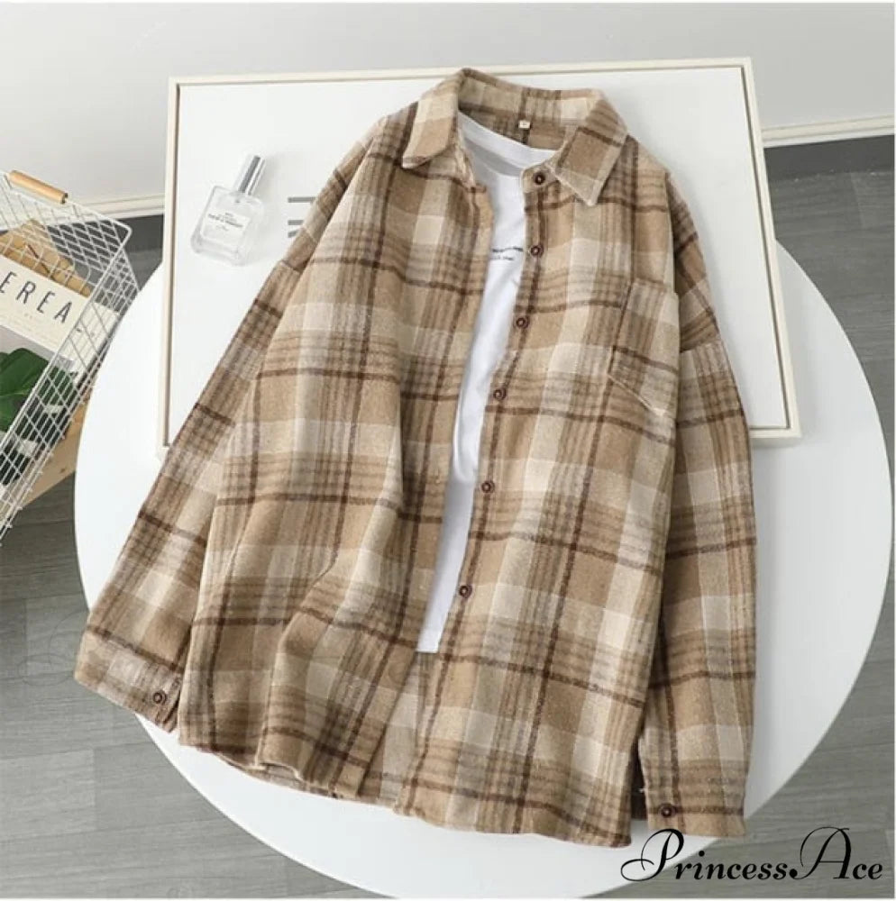 Woolen Blouse Women’s Ropa Arm Top Plaid Blouse Coat Long De Thickened Mujer S / Khaki
