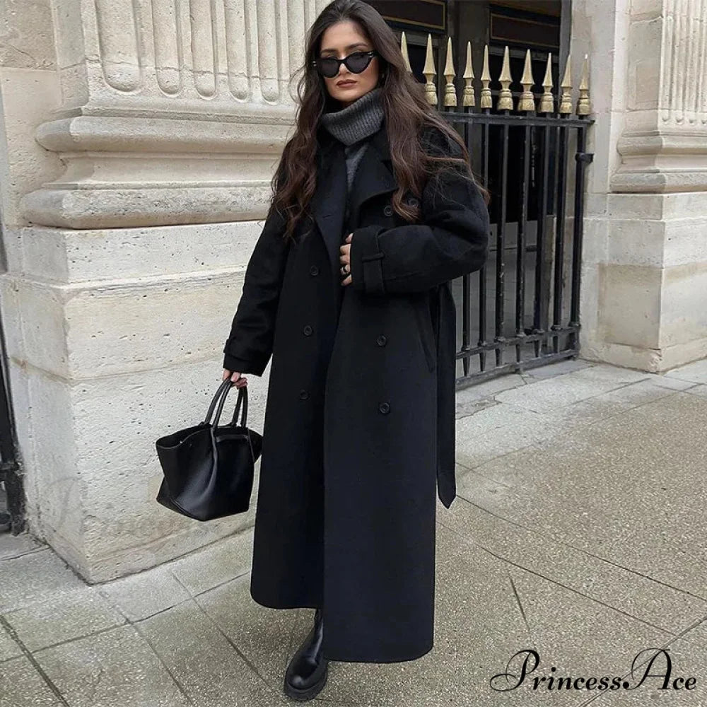 Woolen Sheepskin Patchwork Leather Belted Overcoat Black long coat / S overcoats-241228