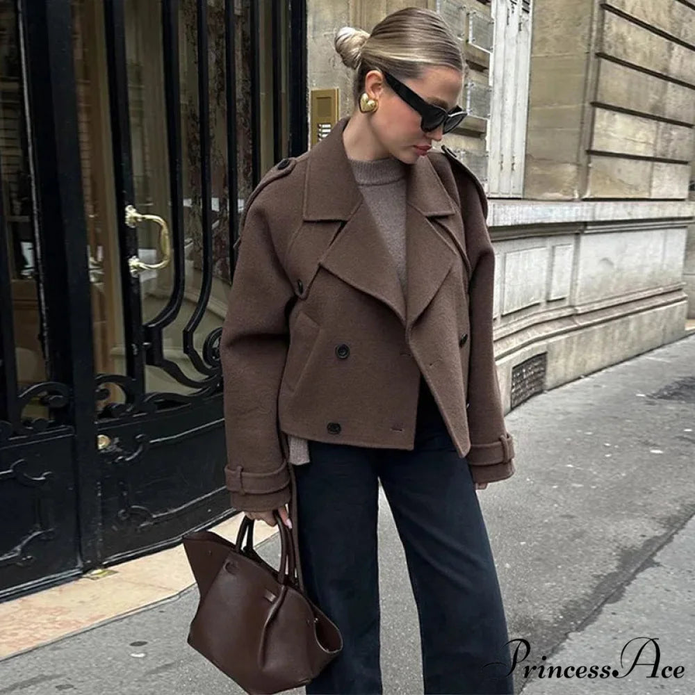 Woolen Sheepskin Patchwork Leather Belted Overcoat Brown short coat / S overcoats-241228