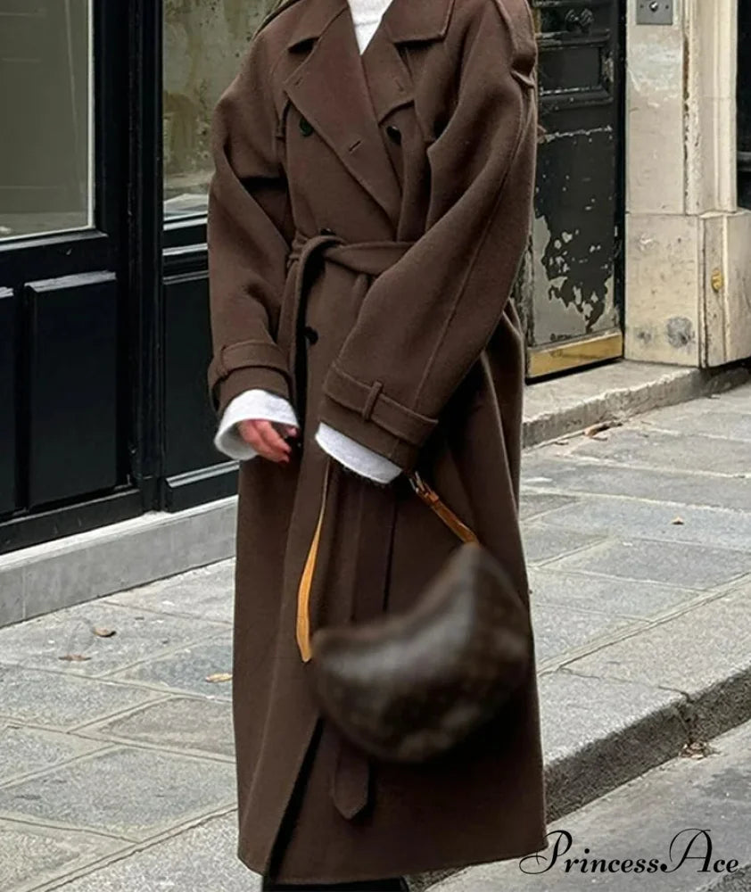 Woolen Sheepskin Patchwork Leather Belted Overcoat overcoats-241228