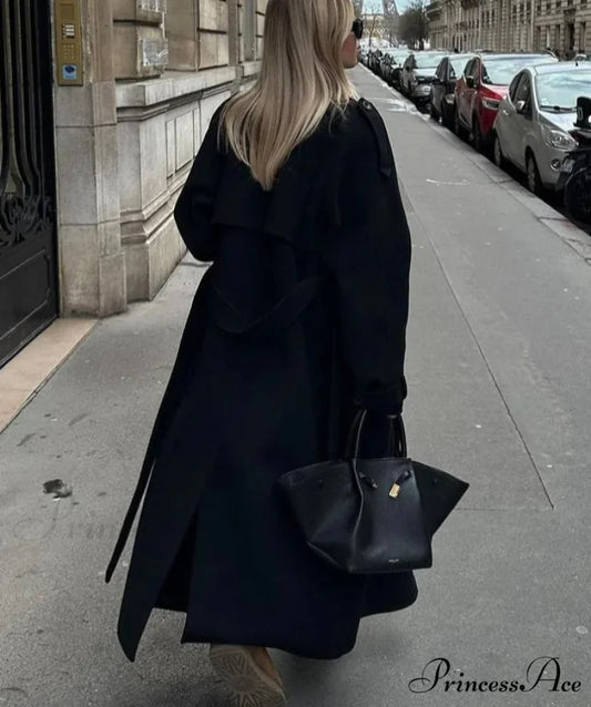 Woolen Sheepskin Patchwork Leather Belted Overcoat overcoats-241228