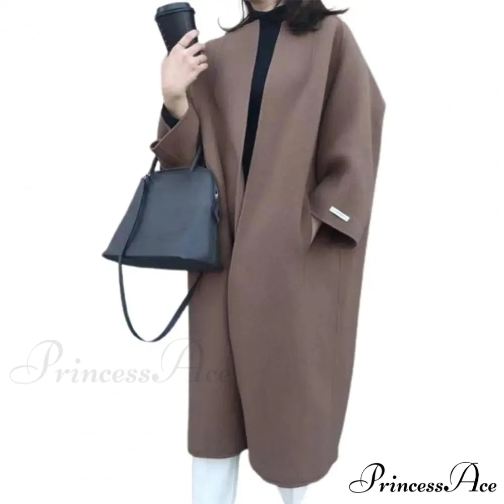 Woolen Sweater Monochrome Lengthy Overcoat Dark Coffee overcoats-241228