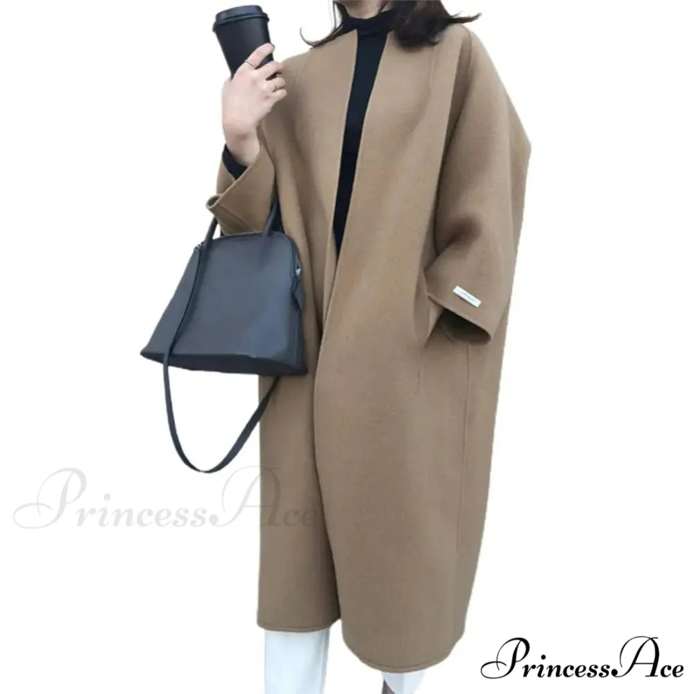 Woolen Sweater Monochrome Lengthy Overcoat Light Coffee overcoats-241228