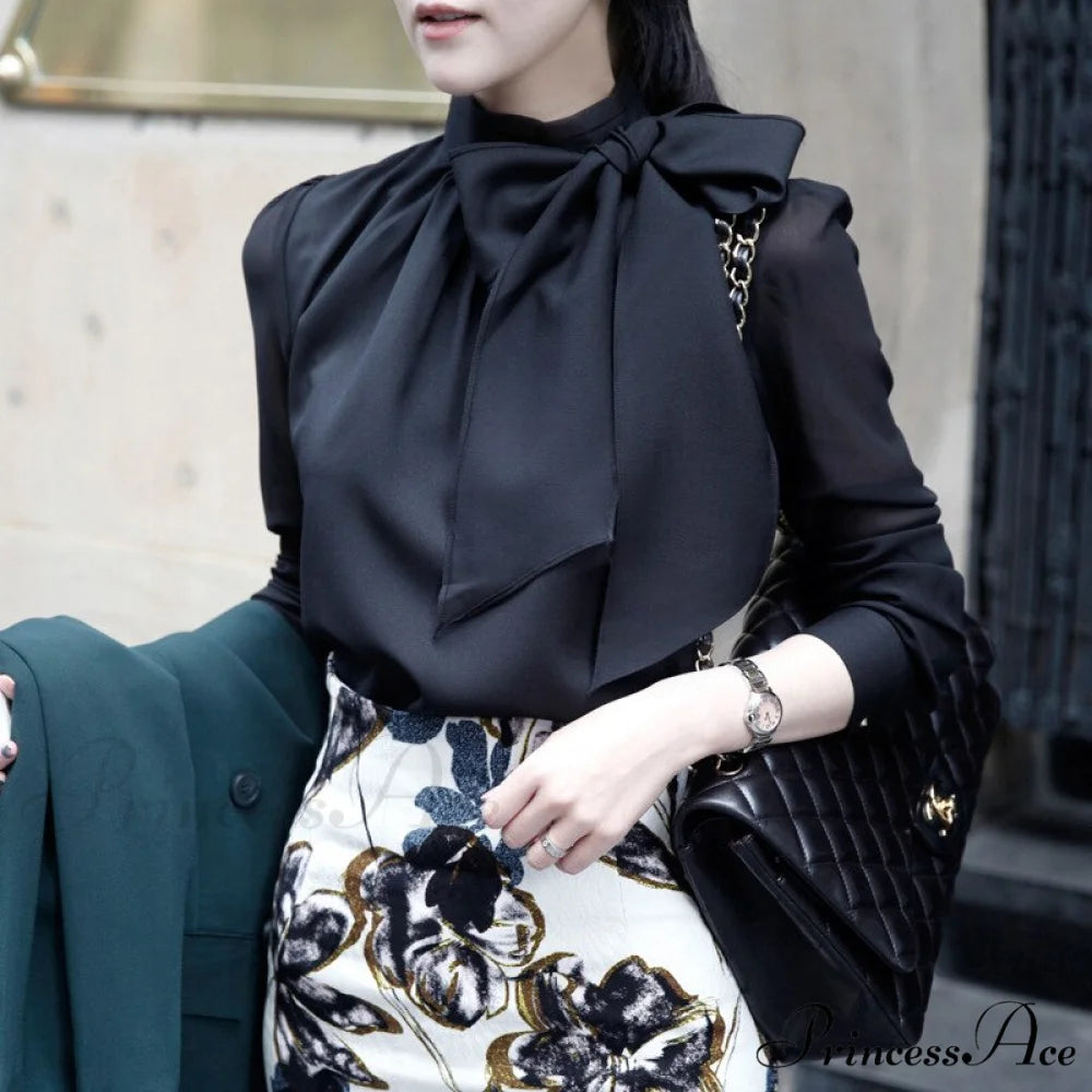 Work Style OL Elegant Puff Sleeve Blouse Black / S