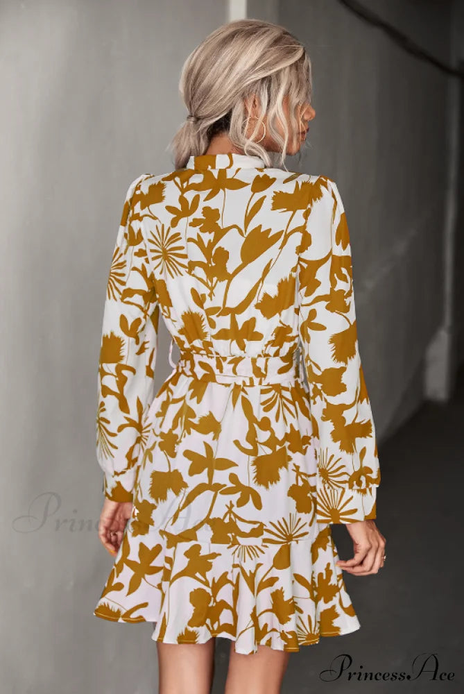 Woven Belt Waist Dress with Long Sleeves L / yellow