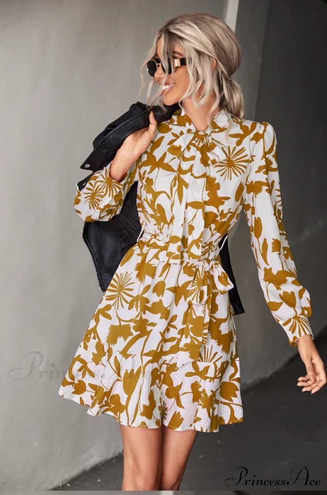 Woven Belt Waist Dress with Long Sleeves M / yellow