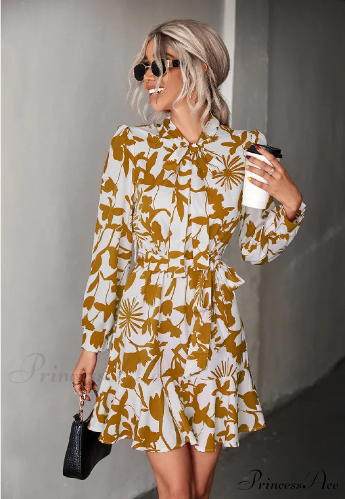 Woven Belt Waist Dress with Long Sleeves S / red