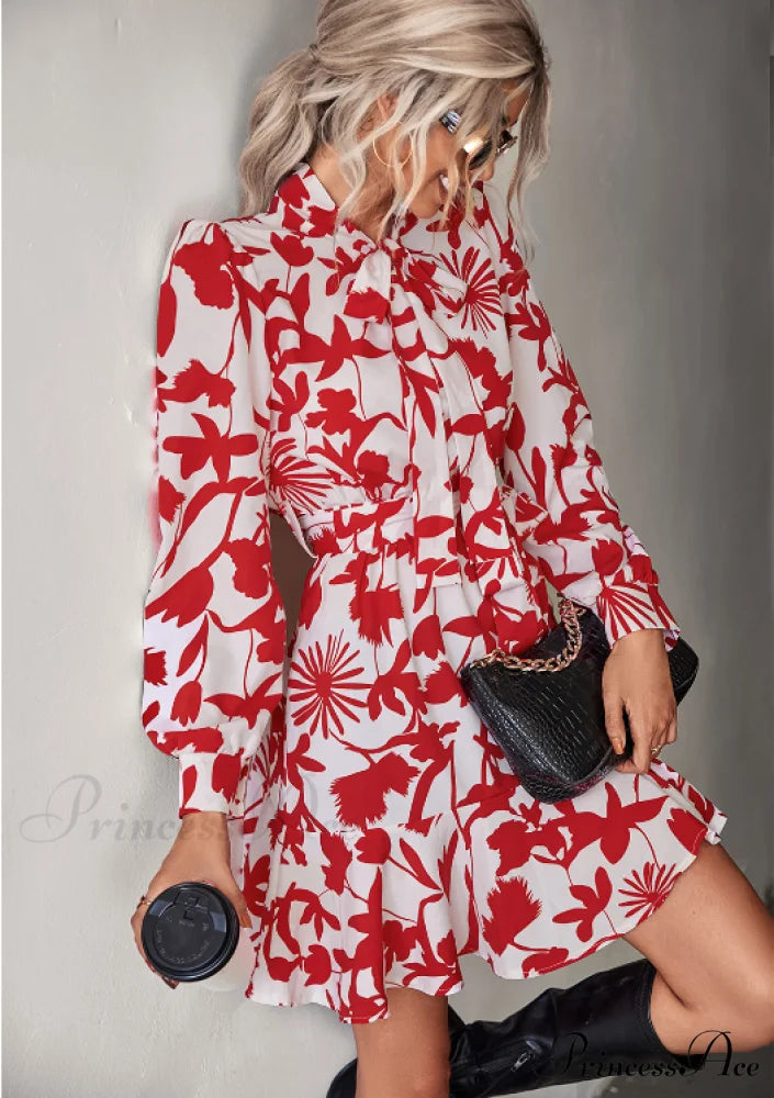 Woven Belt Waist Dress with Long Sleeves XL / red