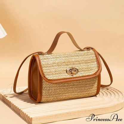 Woven Courier Straw Travel Tote Purse Brown handbag-250126