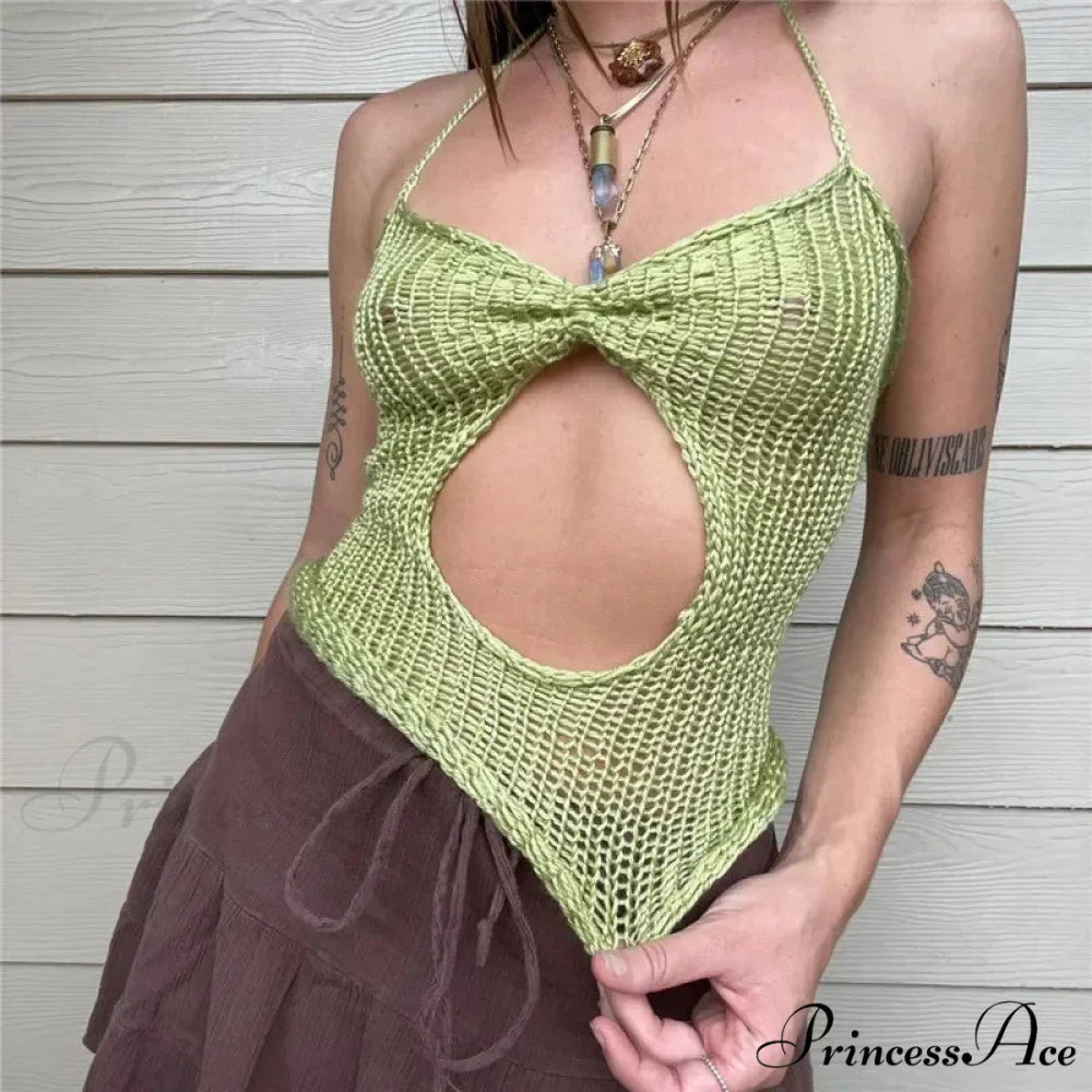 Woven Pierced Halter Crop Top Green / S croptop-250223
