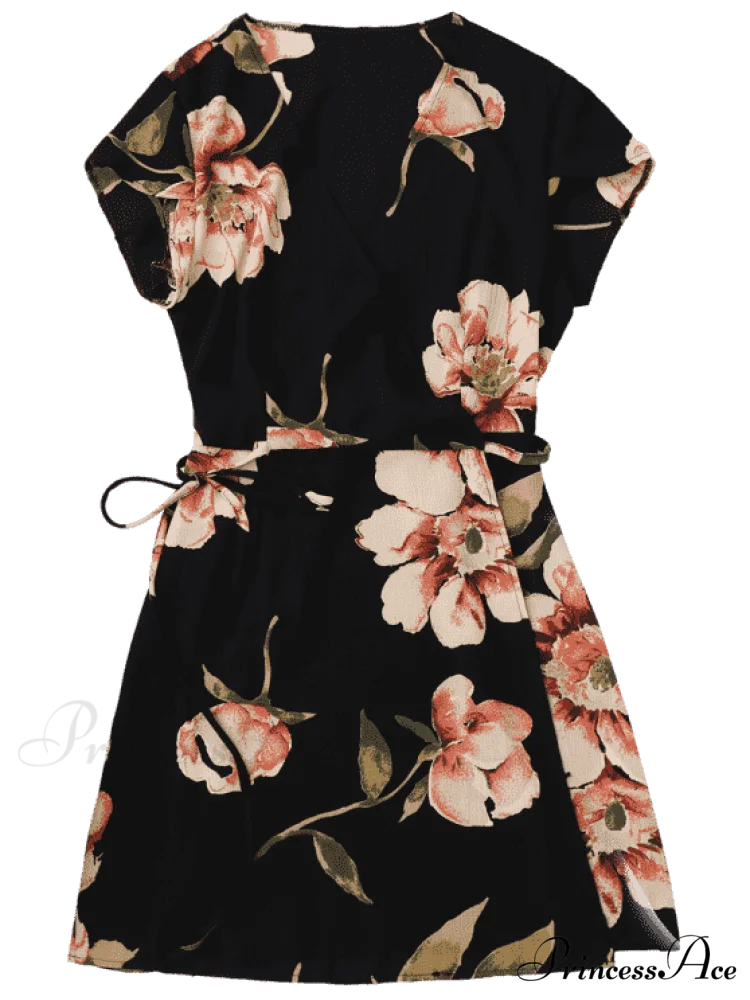 Wrap Arm Mini Flowered Cap Dress