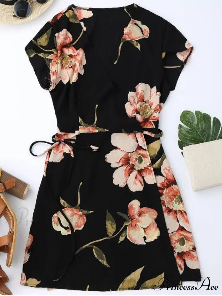 Wrap Arm Mini Flowered Cap Dress