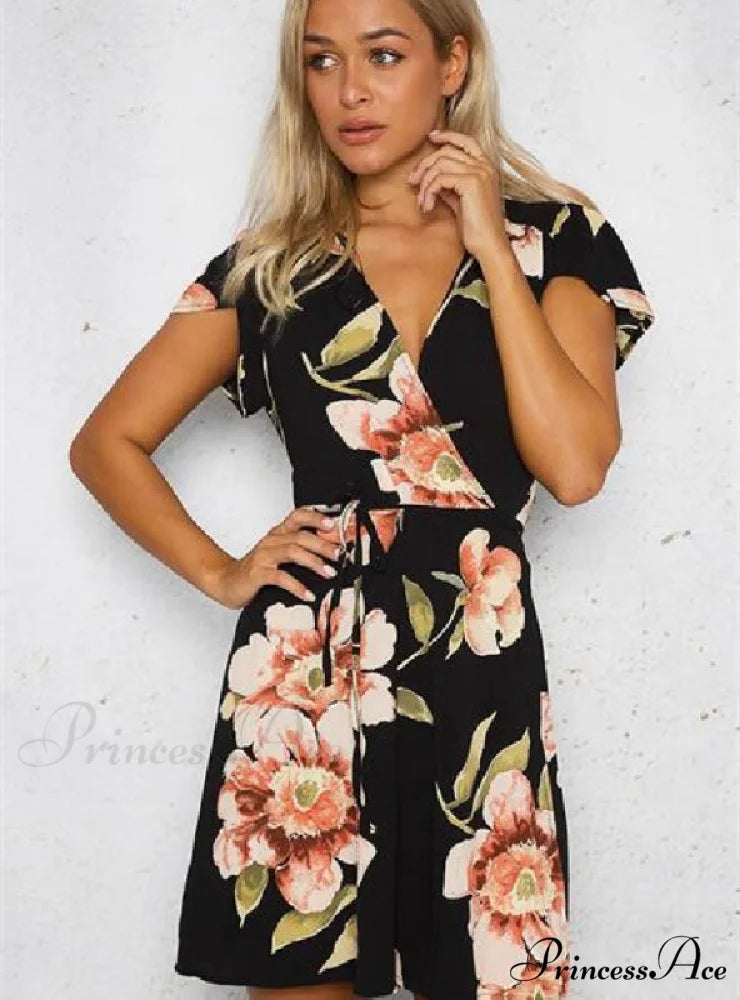 Wrap Arm Mini Flowered Cap Dress