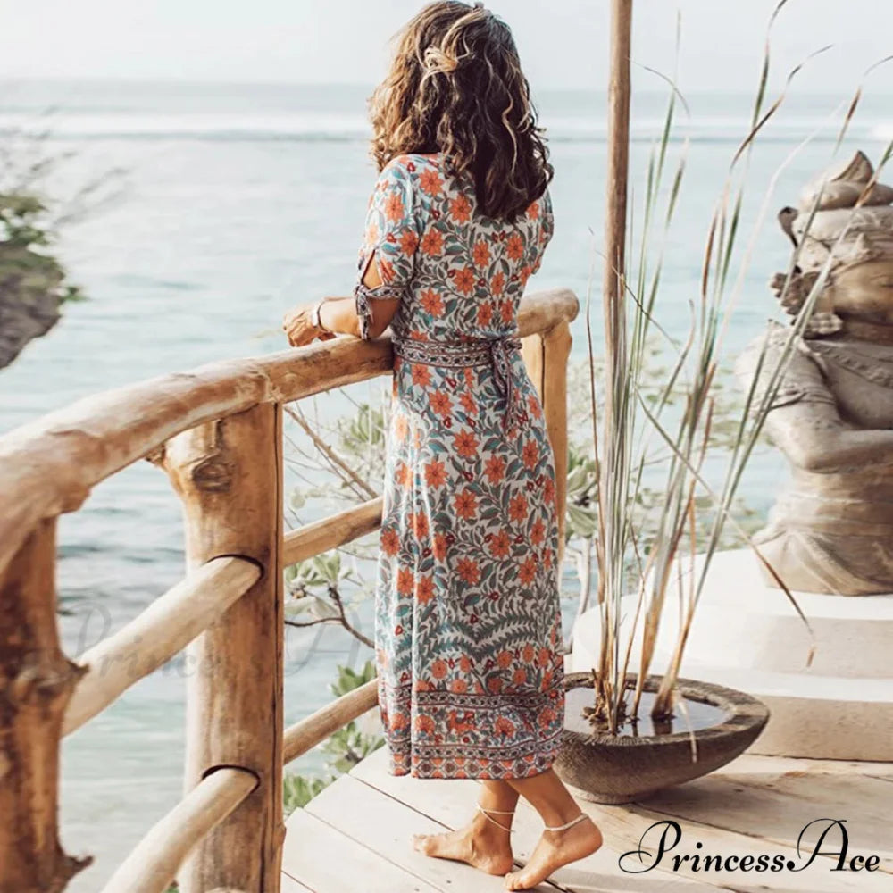 Wrap Golden Floral Bohemian Dress bohodress-250126