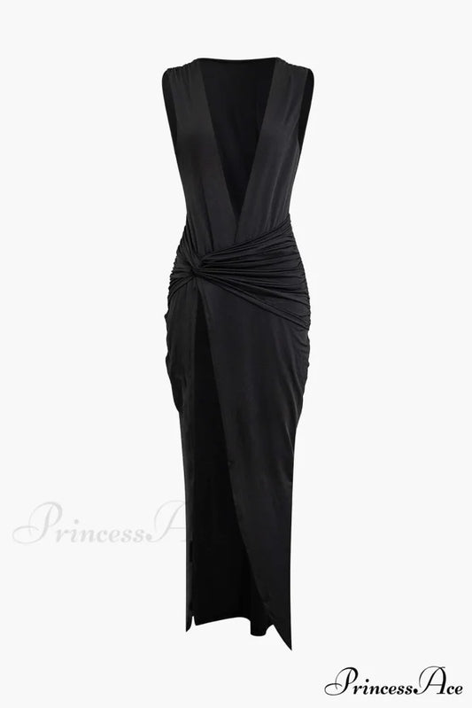 Wrap Ruched Slit Deep Graceful V-neck Sleeveless Maxi Dress BLACK / S