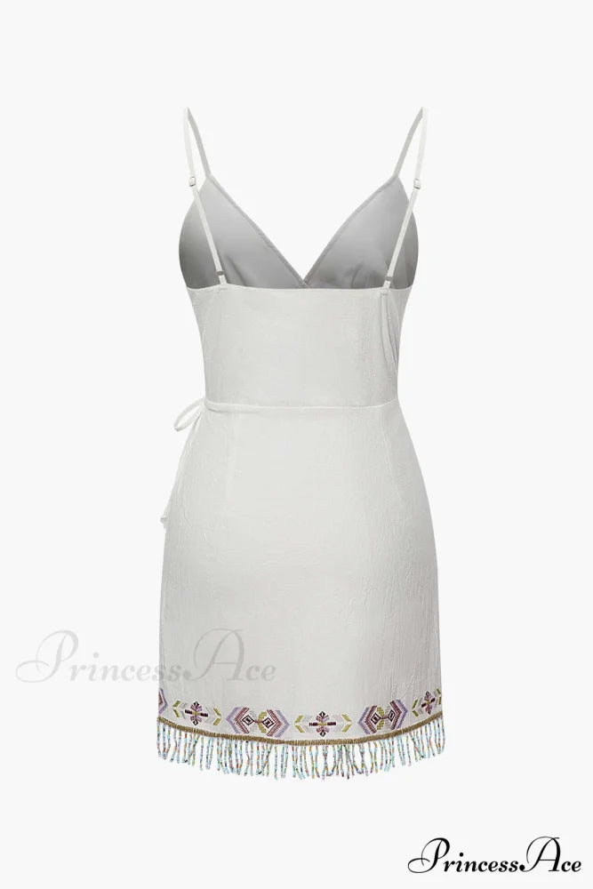 Wrap Tassel Hem Charming V-neck Slip Mini Dress