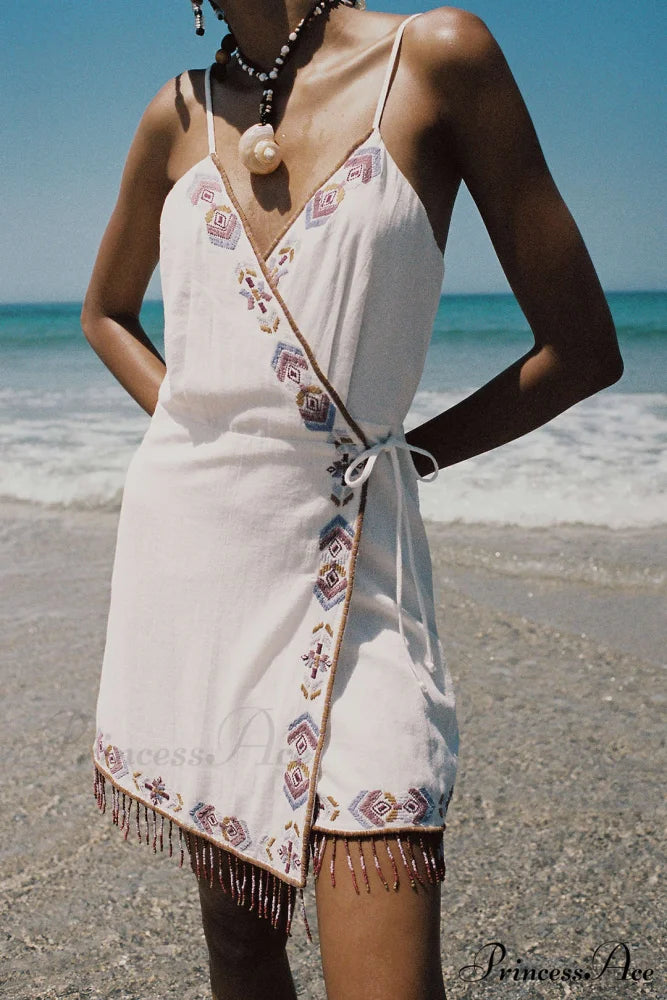 Wrap Tassel Hem Charming V-neck Slip Mini Dress