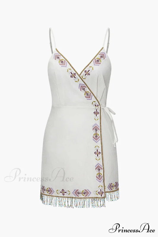 Wrap Tassel Hem Charming V-neck Slip Mini Dress WHITE / XS