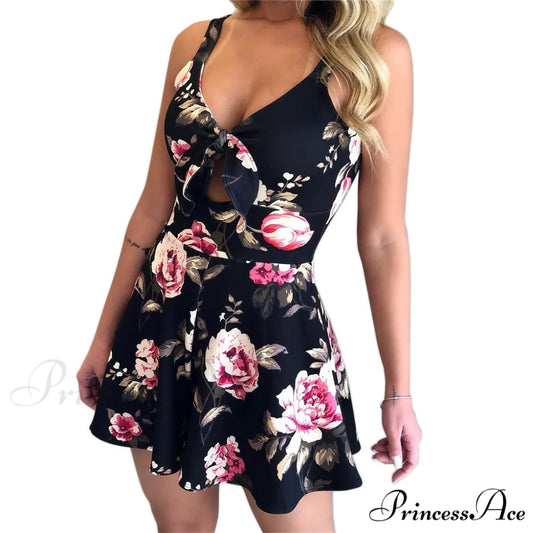 Wrapped In Florals Charming Chiffon Skater Dress BLACK / S