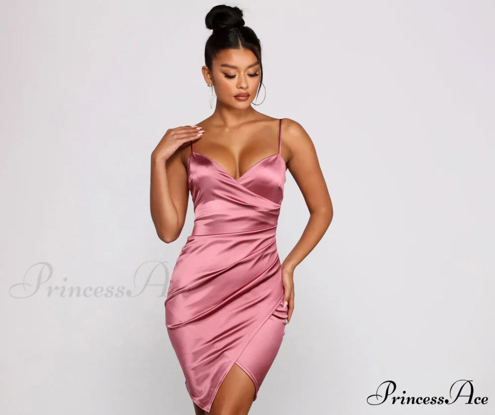 Wrapped In Sleek Charming Satin Mini Dress MAUVE / XS