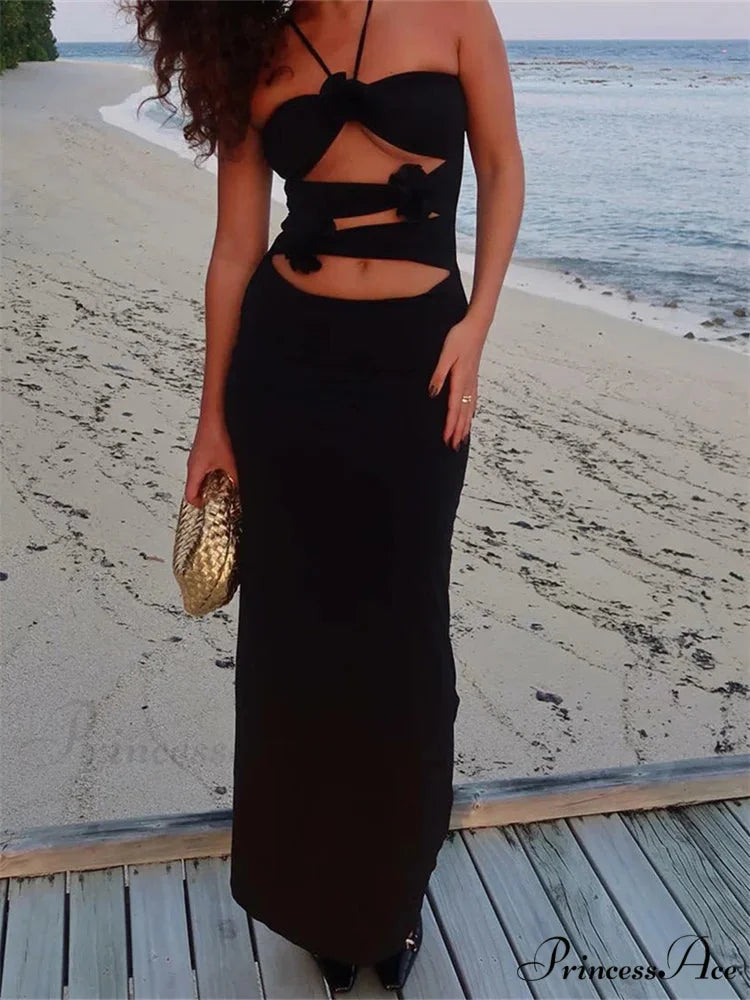 Y2K 3D Flowers Fairy Sexy Hollow Out Slim Summer Back Split Beach Party Club Outfits Vestidos Black / S