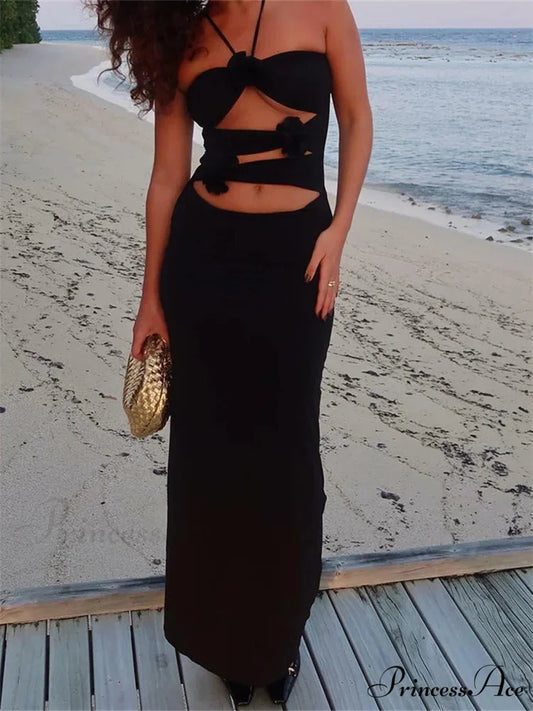 Y2K 3D Flowers Fairy Sexy Hollow Out Slim Summer Back Split Beach Party Club Outfits Vestidos Black / S