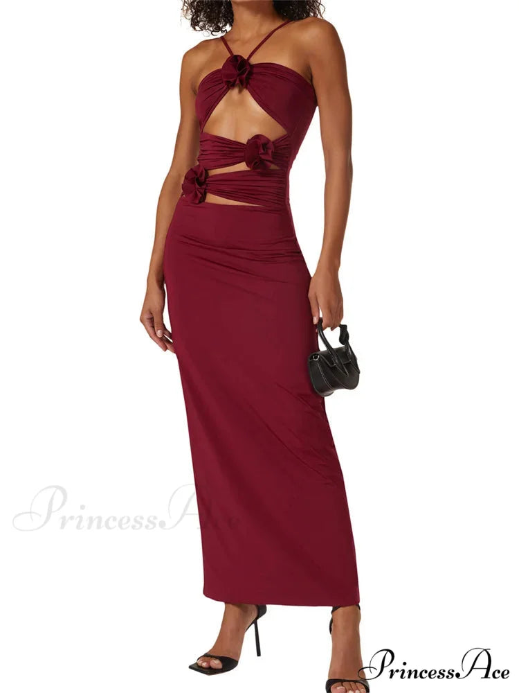 Y2K 3D Flowers Fairy Sexy Hollow Out Slim Summer Back Split Beach Party Club Outfits Vestidos Red / S