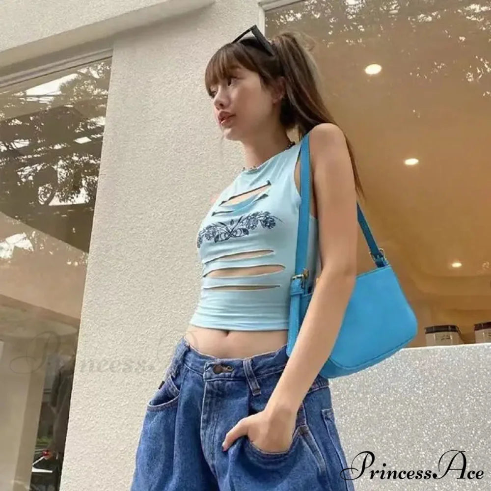 Y2K Aesthetics Hollow Out Fairycore Grunge Sexy Mall Goth Harajuku Crop Top Blue / S
