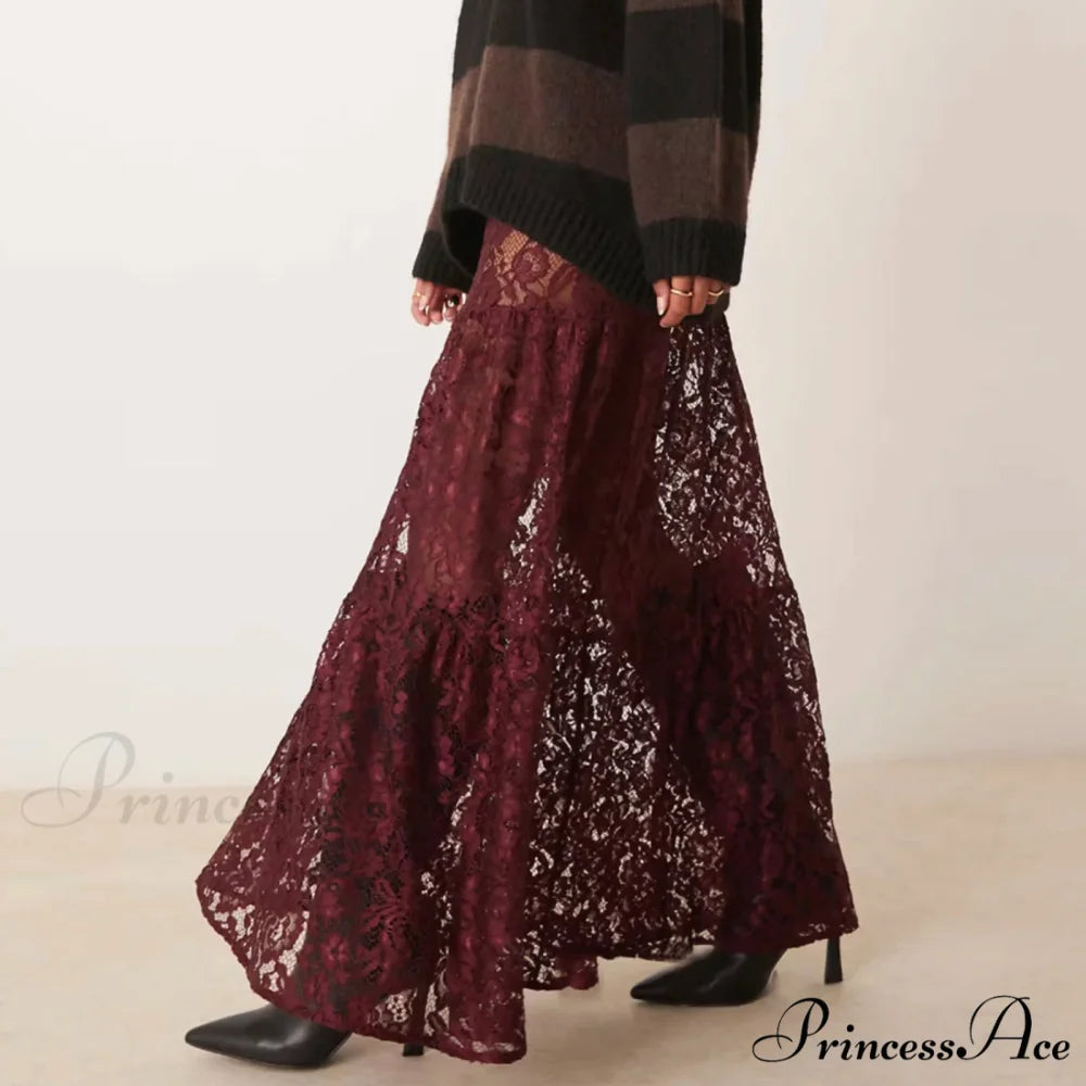 Y2K Antique Lace Transparent High Waist Skirt Claret / S skirt-250126