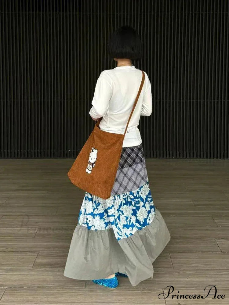 Y2K Azure Floral Patch Full Skirt Customized Big Pocket Skirt skirt-250126