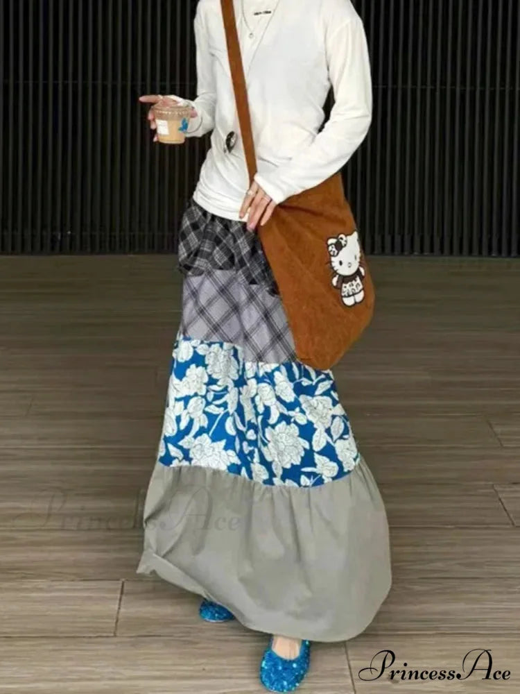 Y2K Azure Floral Patch Full Skirt Customized Big Pocket Skirt skirt-250126