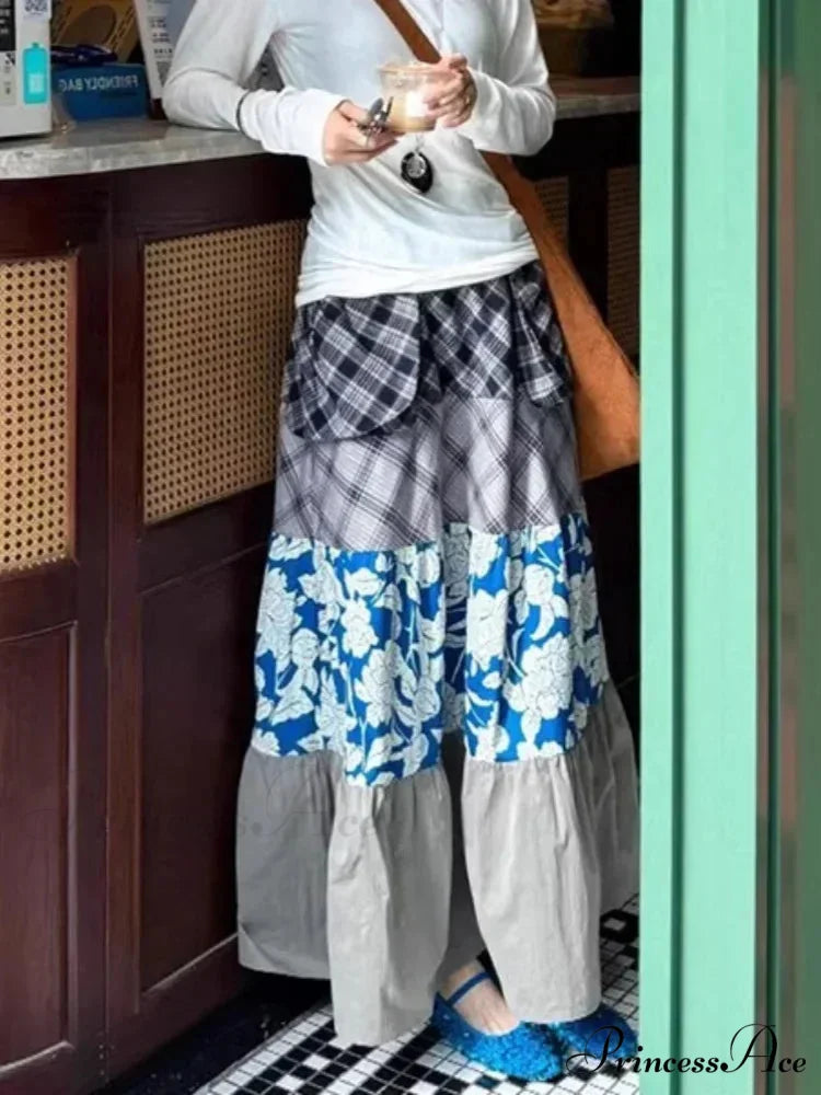 Y2K Azure Floral Patch Full Skirt Customized Big Pocket Skirt Blue / S skirt-250126