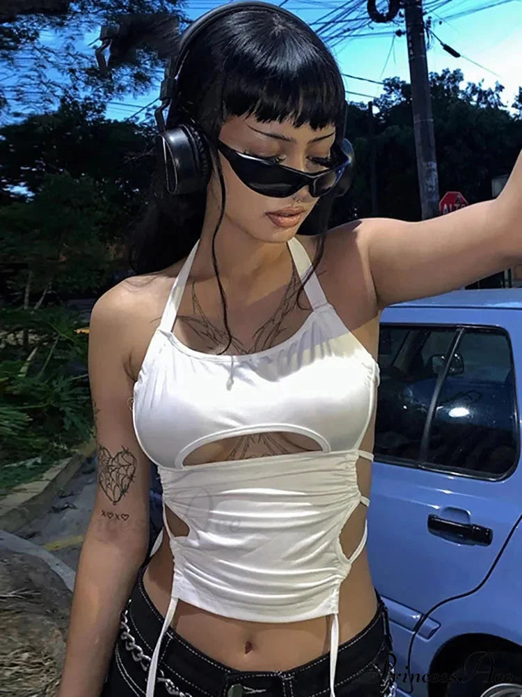 Y2K Backless Summer Crop Women Hollow Out 2024 White Sleeveless Bandage Halter Streetwear Cami 90s Tank top