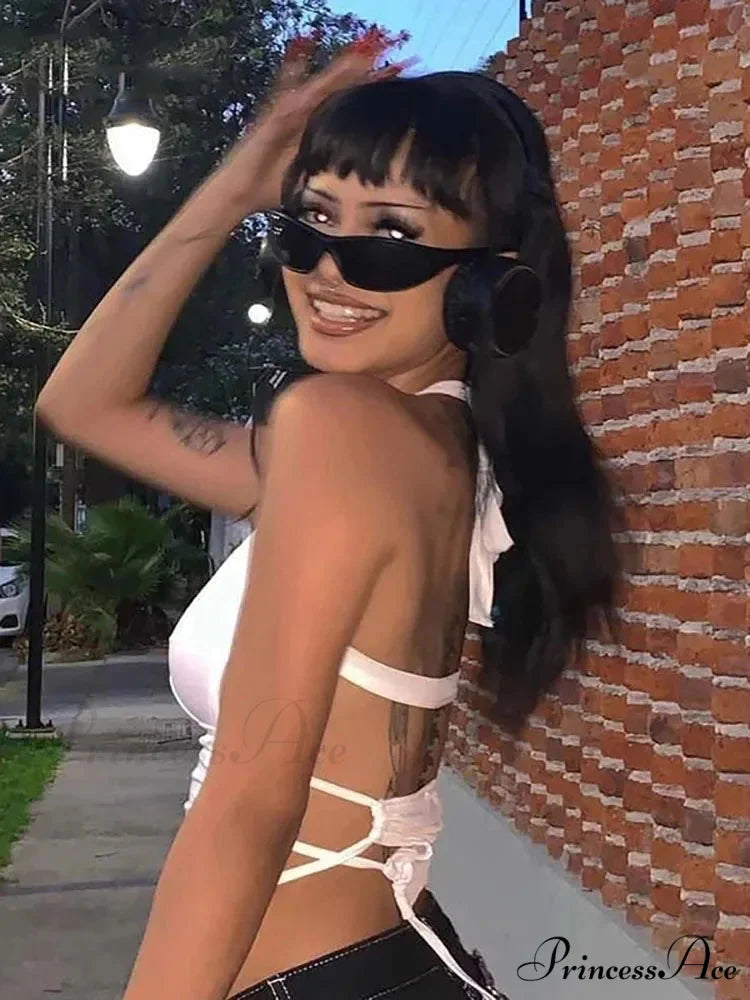 Y2K Backless Summer Crop Women Hollow Out 2024 White Sleeveless Bandage Halter Streetwear Cami 90s Tank top