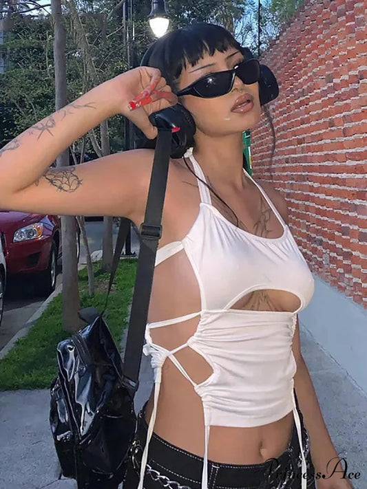 Y2K Backless Summer Crop Women Hollow Out 2024 White Sleeveless Bandage Halter Streetwear Cami 90s Tank top