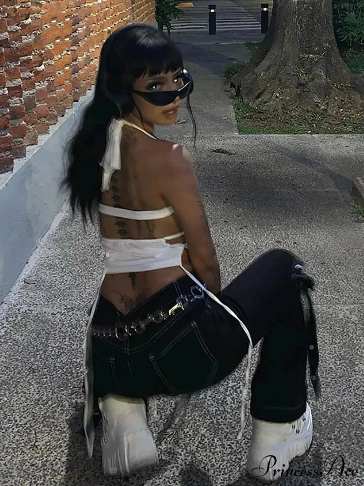 Y2K Backless Summer Crop Women Hollow Out 2024 White Sleeveless Bandage Halter Streetwear Cami 90s Tank top