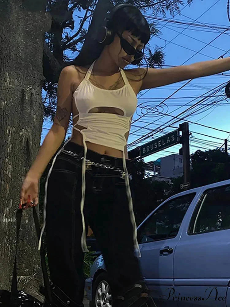 Y2K Backless Summer Crop Women Hollow Out 2024 White Sleeveless Bandage Halter Streetwear Cami 90s Tank top
