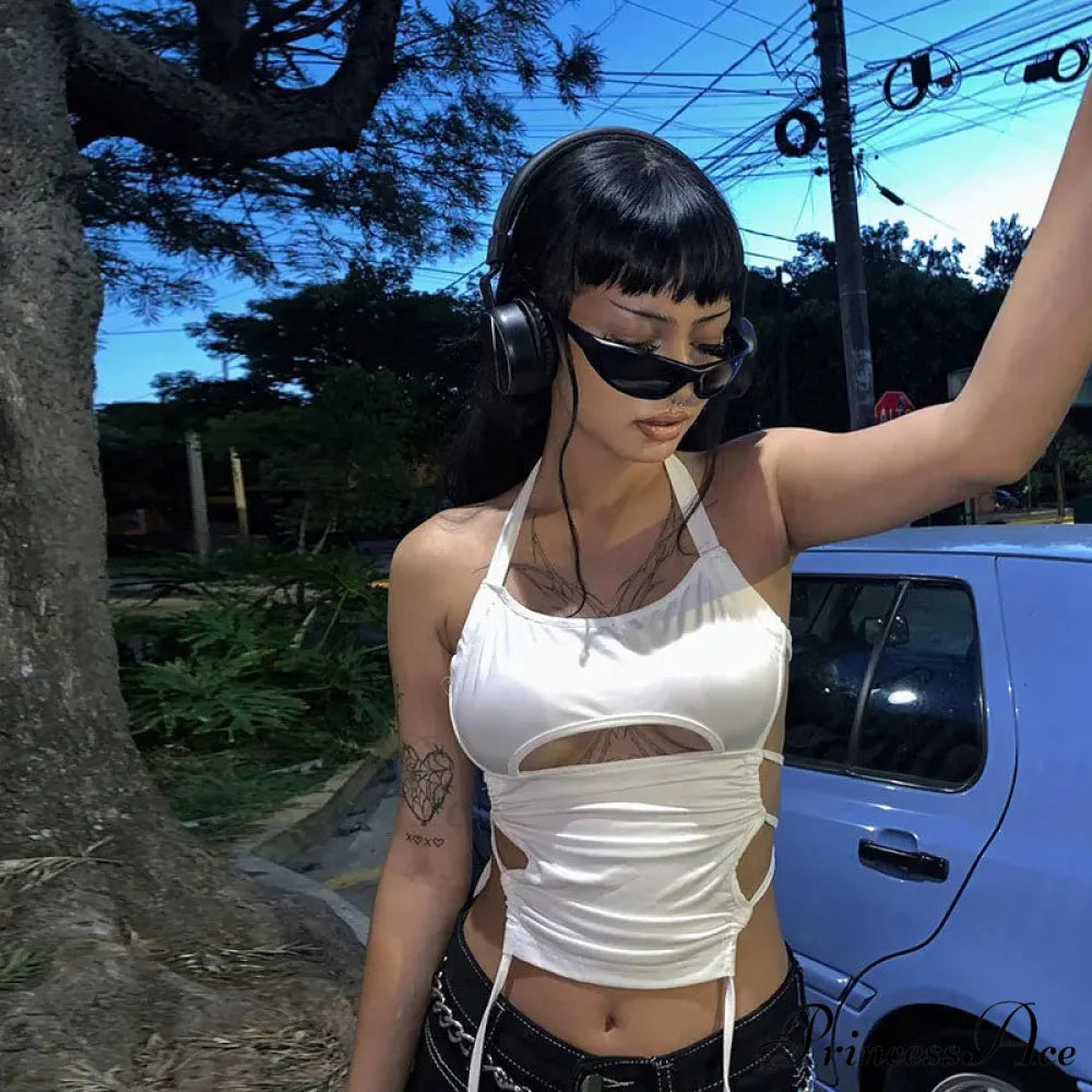 Y2K Backless Summer Crop Women Hollow Out 2024 White Sleeveless Bandage Halter Streetwear Cami 90s Tank top WHITE / S