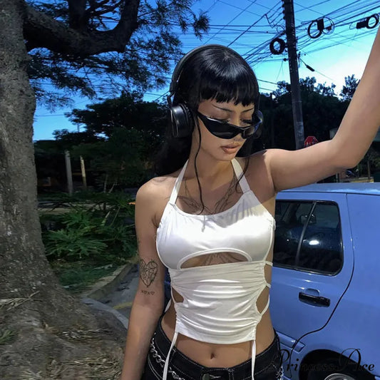 Y2K Backless Summer Crop Women Hollow Out 2024 White Sleeveless Bandage Halter Streetwear Cami 90s Tank top WHITE / S