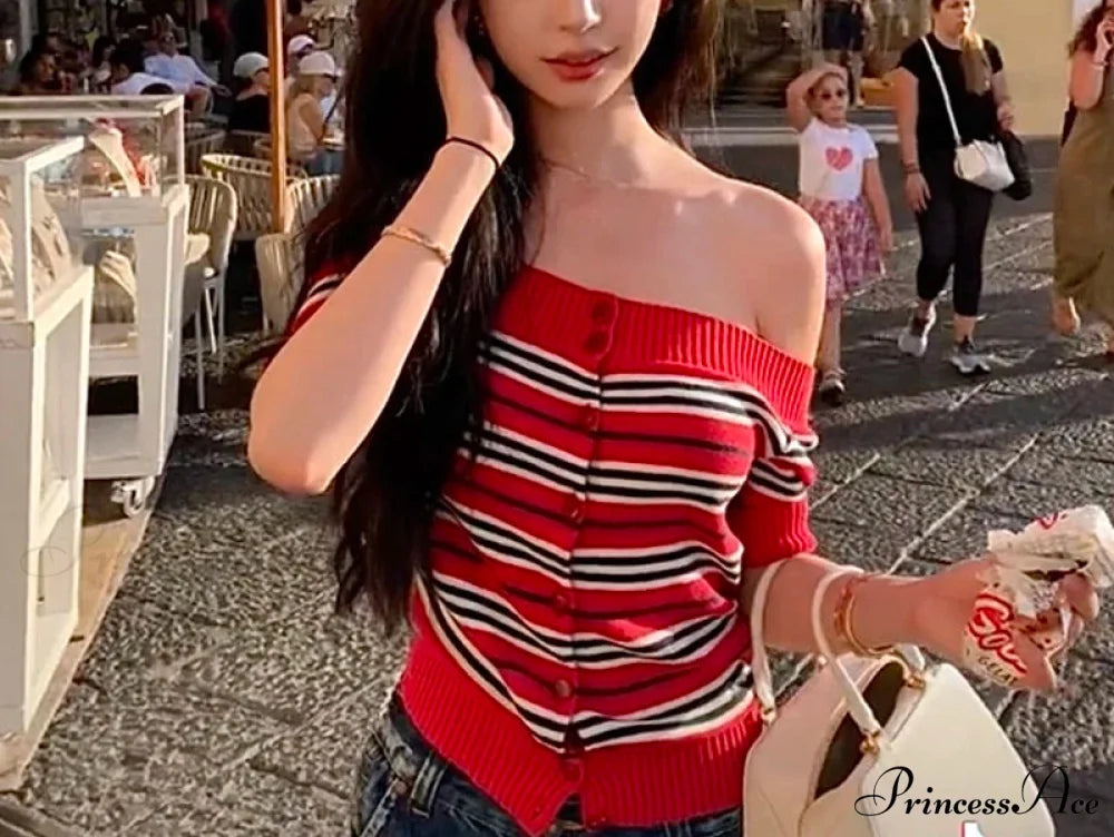 Y2K Banded Knitted Off Shoulder Button-front Sweater Knit Top Red / One Size knittop-250126