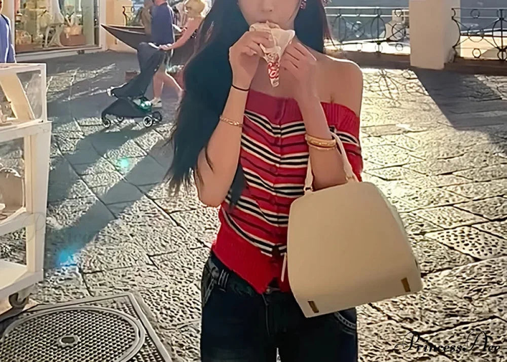 Y2K Banded Knitted Off Shoulder Button-front Sweater Knit Top Red / One Size knittop-250126