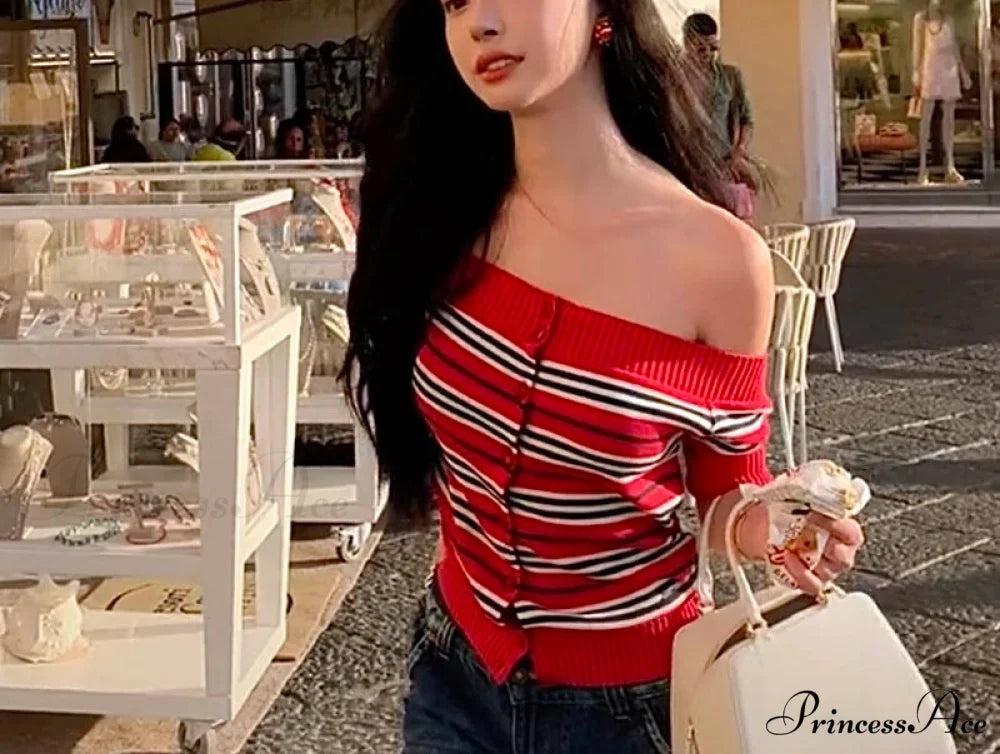 Y2K Banded Knitted Off Shoulder Button-front Sweater Knit Top Red / One Size knittop-250126