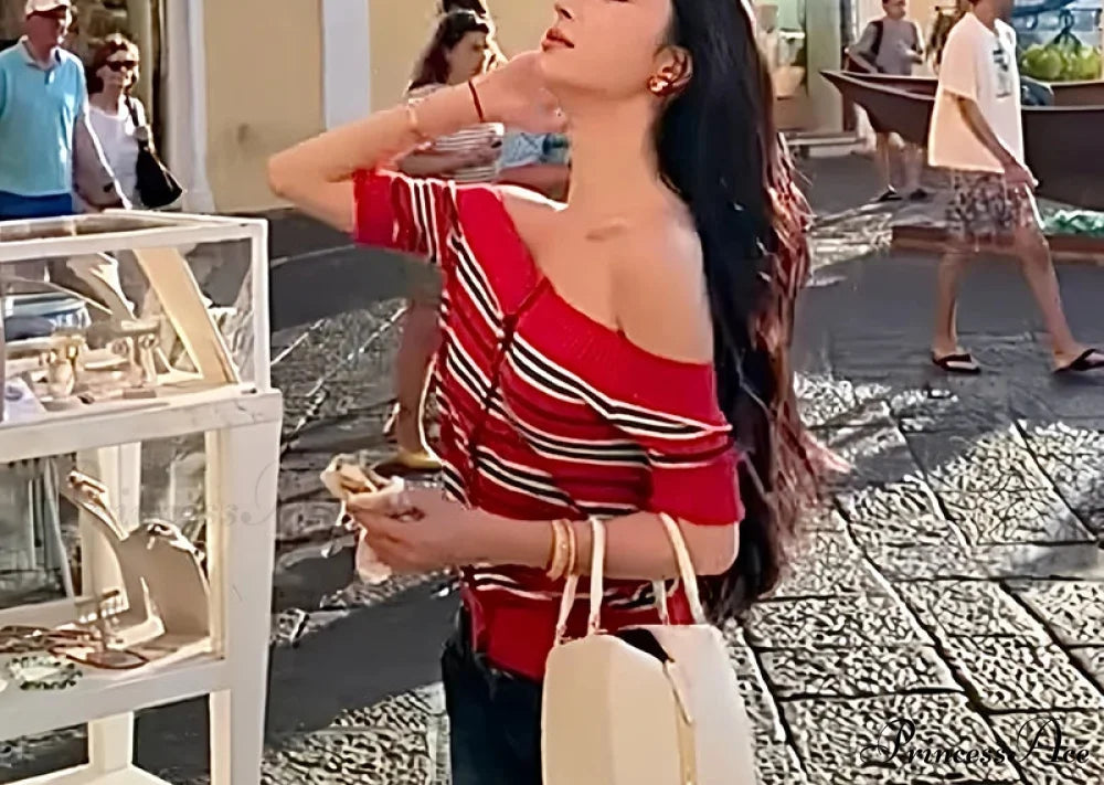 Y2K Banded Knitted Off Shoulder Button-front Sweater Knit Top Red / One Size knittop-250126