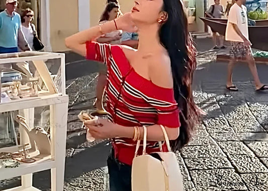 Y2K Banded Knitted Off Shoulder Button-front Sweater Knit Top Red / One Size knittop-250126