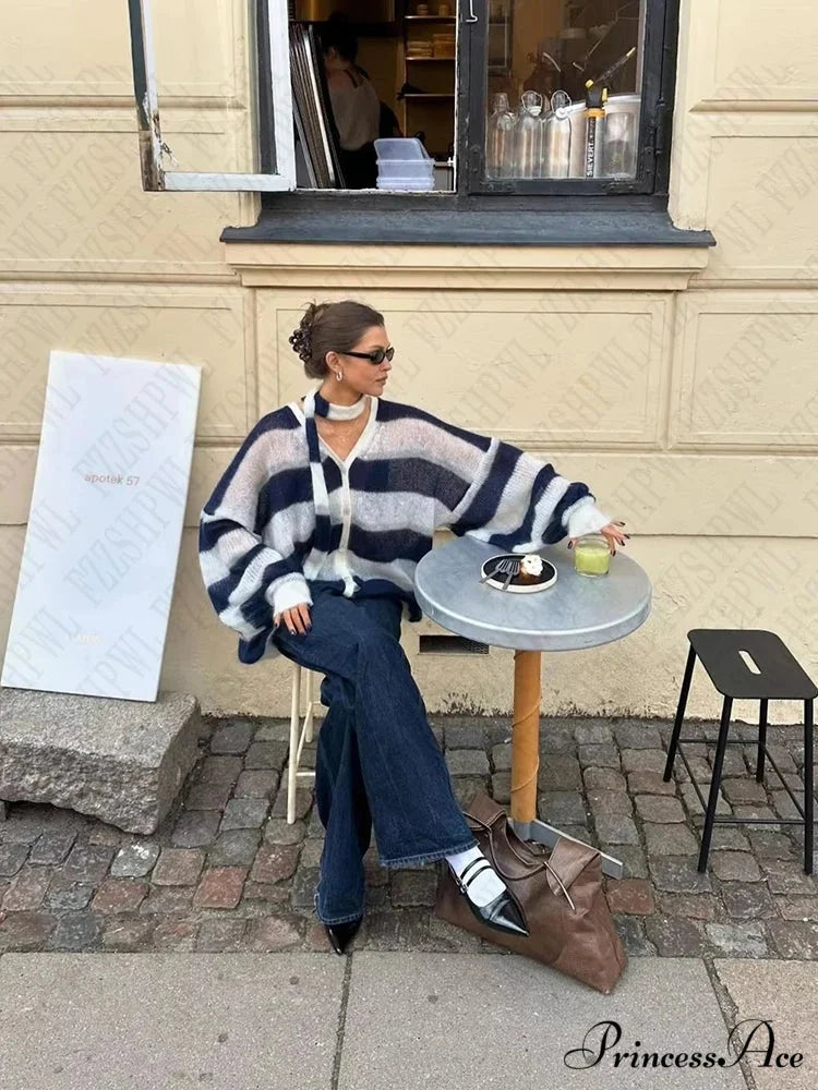 Y2K Banded Relaxed Cardigan Sweater swraters-241228